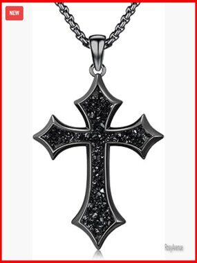 Sterling Silver Cross Necklace with Black Onyx, Lobster Clasp, 20 Inch Chain